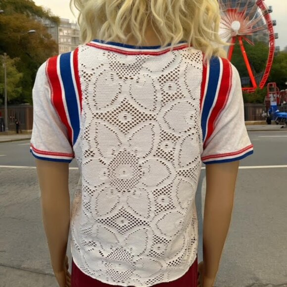 Free People XSmall Mimi TShirt Short Sleeve Top White Red Blue Mesh Crochet XS - Picture 8 of 10